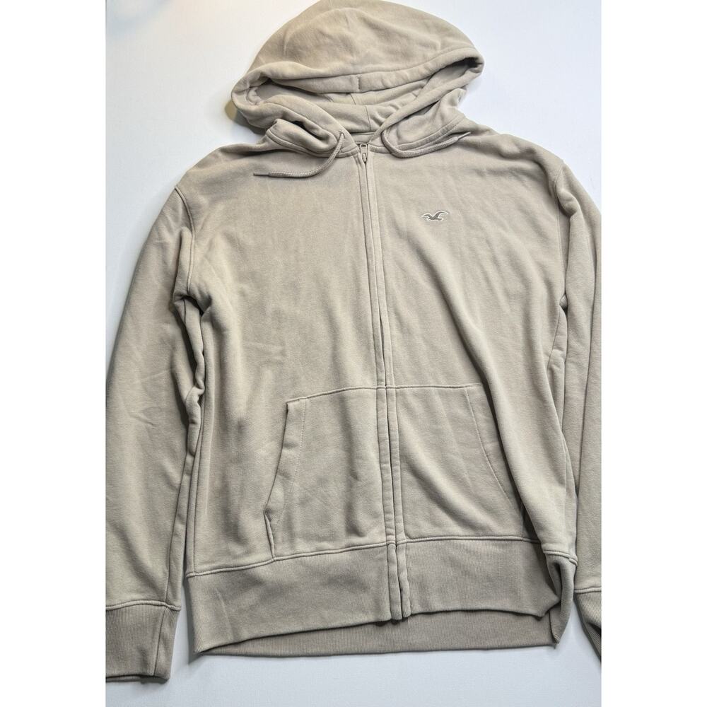 Hollister Zip Up Hoodie Beige Tan Mens Medium Full Zip Logo Sweatshirt Casual